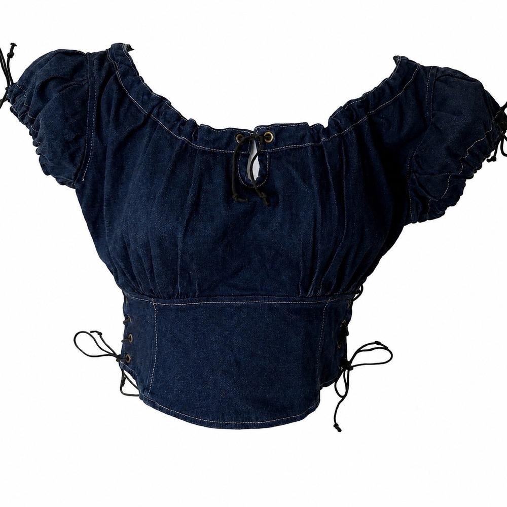 Dragon‎ Rouge Denim Milkmaid Top Dark Wash Lace Up Renaissance XS Made in Quebec